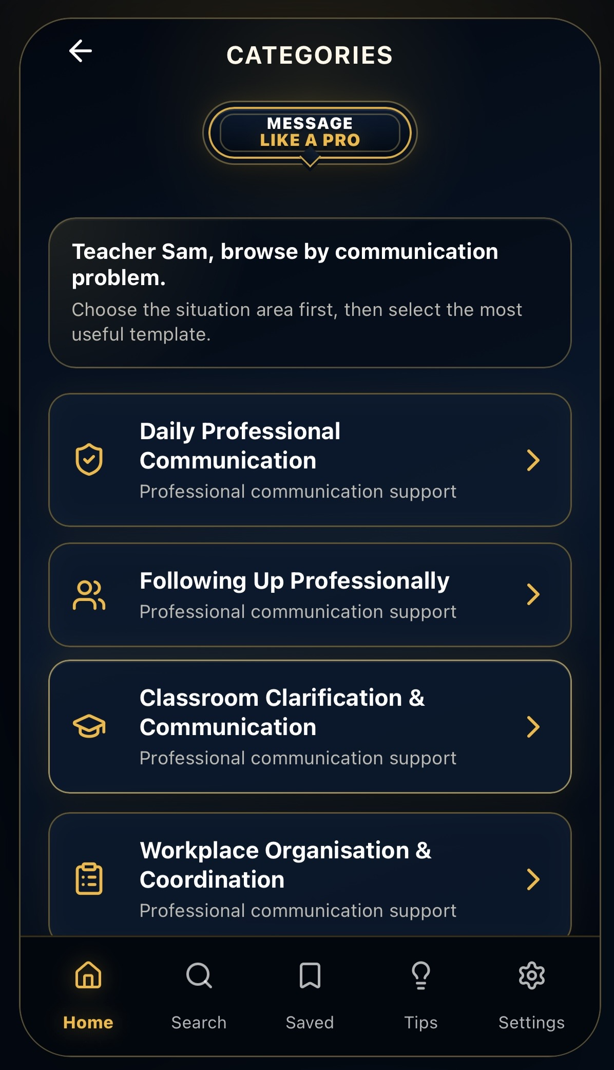 MLAP app categories screen