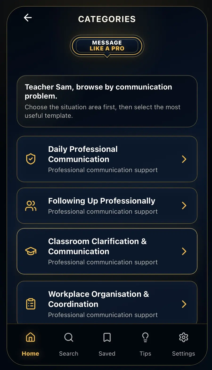 MLAP app categories screen
