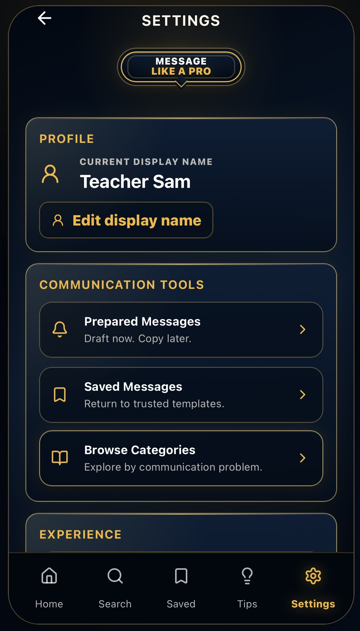 MLAP app settings screen