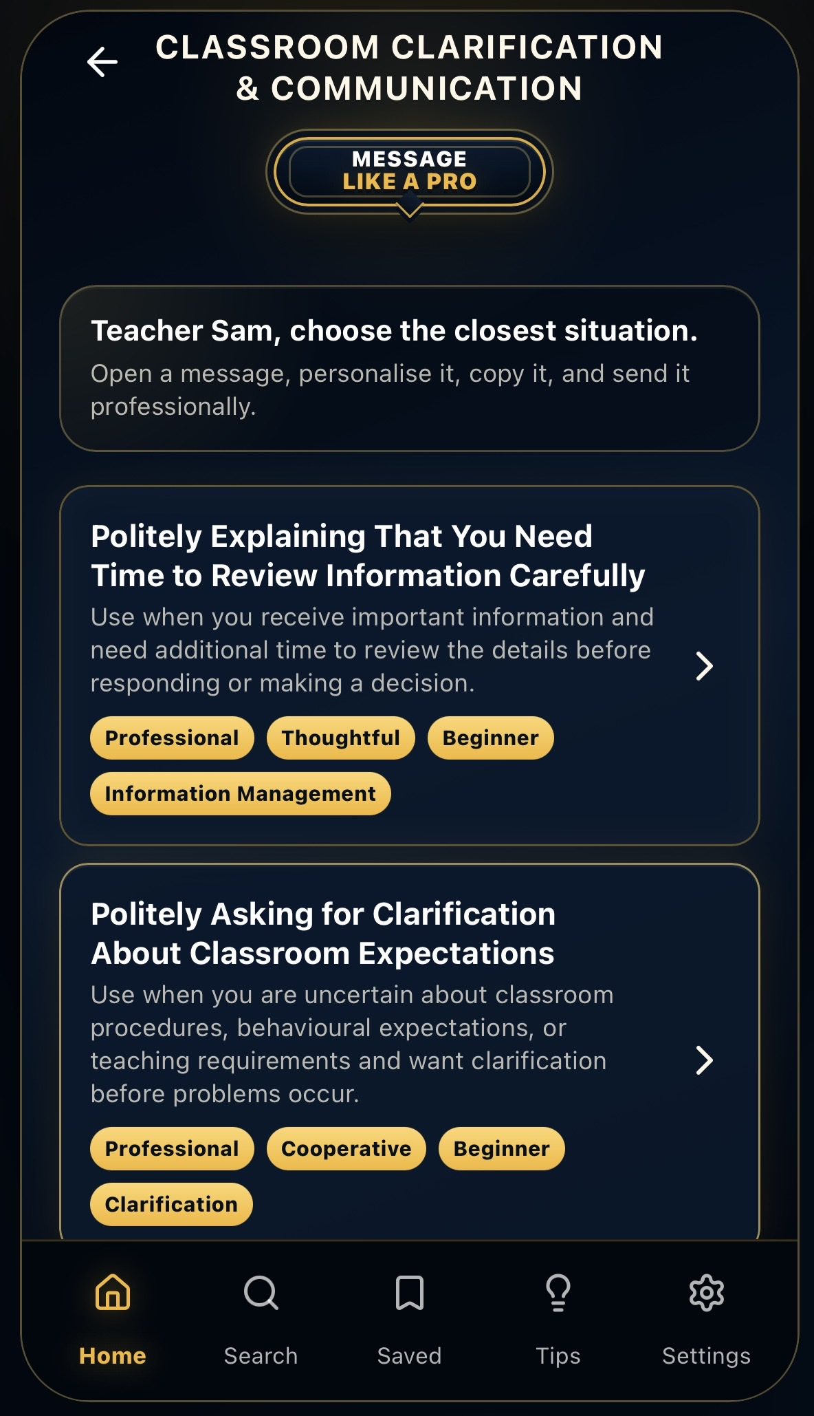 MLAP app message support screen