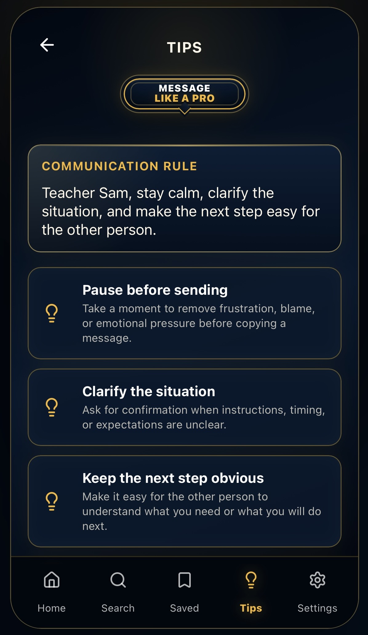 MLAP app tips screen