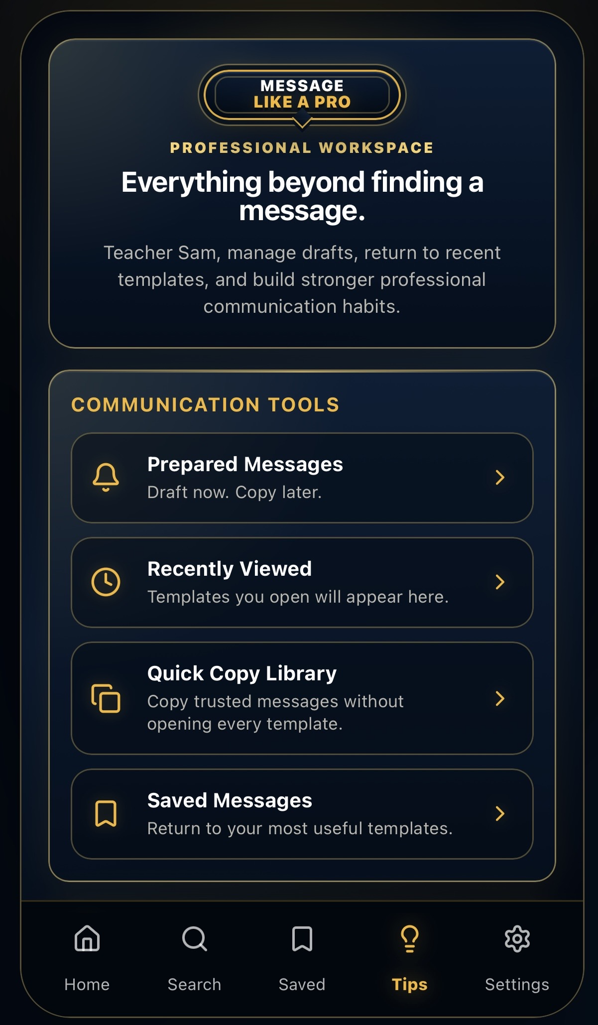 MLAP app professional workspace screen