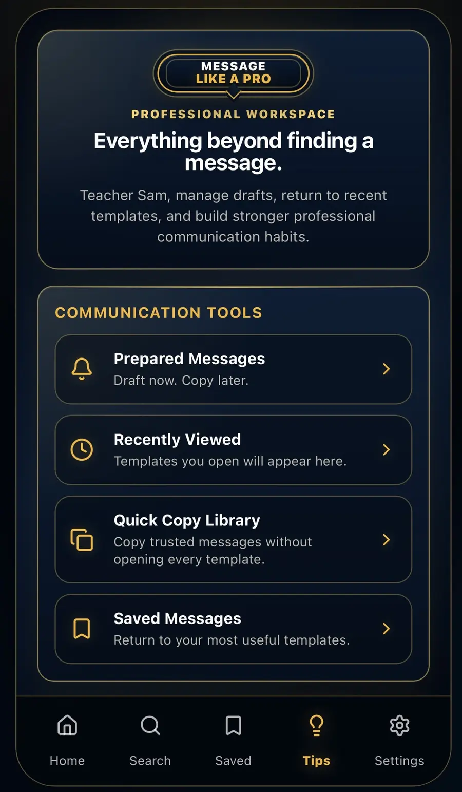 MLAP app professional workspace screen